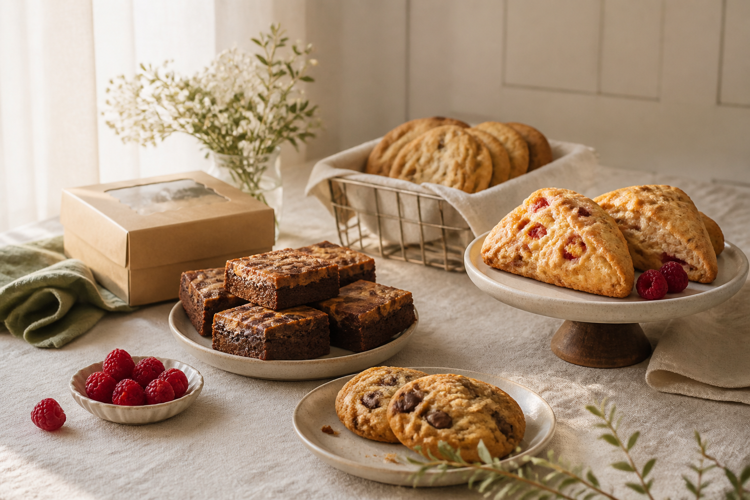 Bakery table with brownies, cookies, and market-style packaging