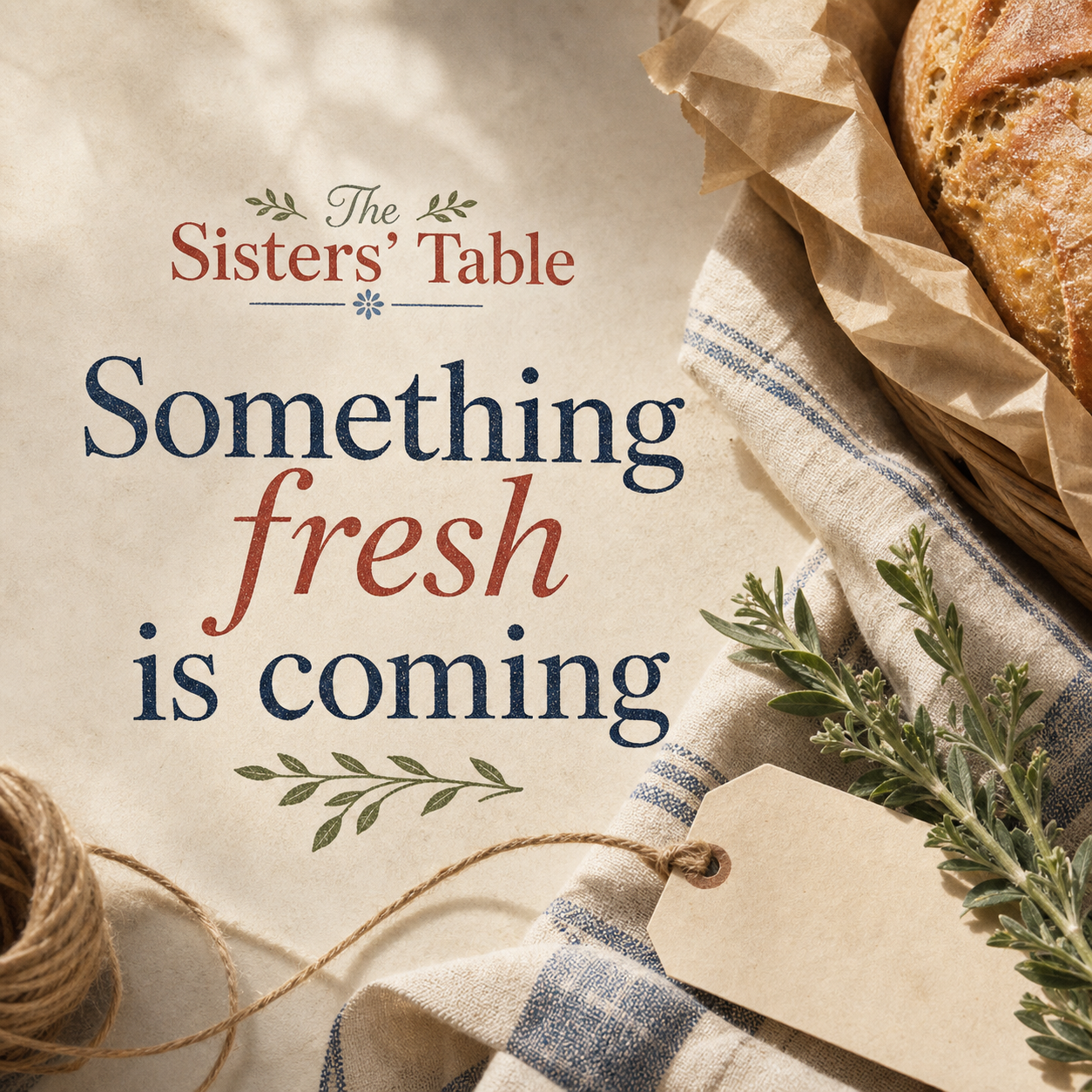 The Sisters' Table teaser graphic with baked goods and coming soon text